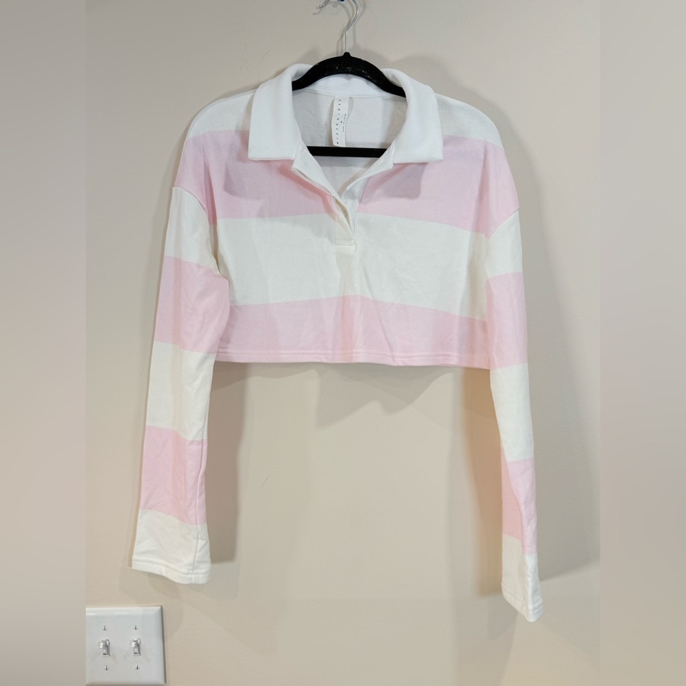 🔥NWOT Missguided  Women’s Cropped  Rugby Polo Pink & White Stripes Size M 🔥